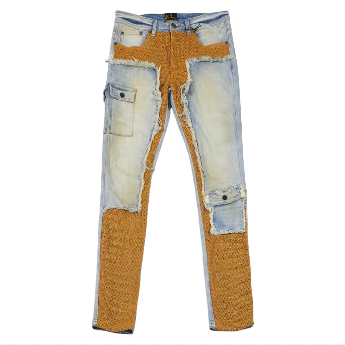 Men's Straight-Leg Mid-Rise Denim Pants with Denim Patchwork, Slim Fit, Multiple Pockets, Trendy Casual Street Style Denim