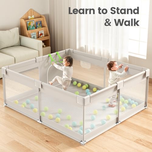 Image of ZEEBABA Extra Large Baby Playpen - Playpen for Babies and Toddlers, Play Pen with Gate, Play Yard Baby Fence Play Area Zone Indoor, Sturdy Kids Play Pin (Gray, 69x59in)