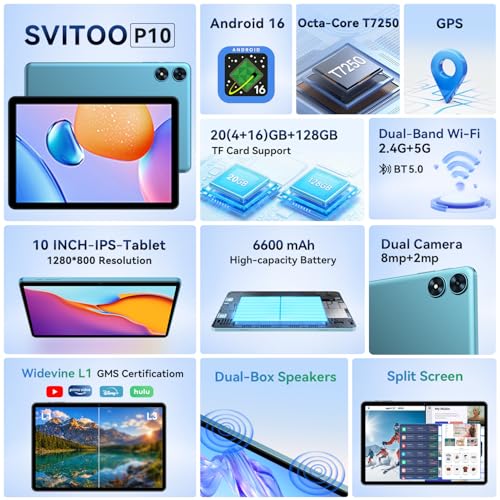 Image of SVITOO Android Tablet 10 Inch, 20GB RAM 128GB ROM Expandable WiFi 6 Blue