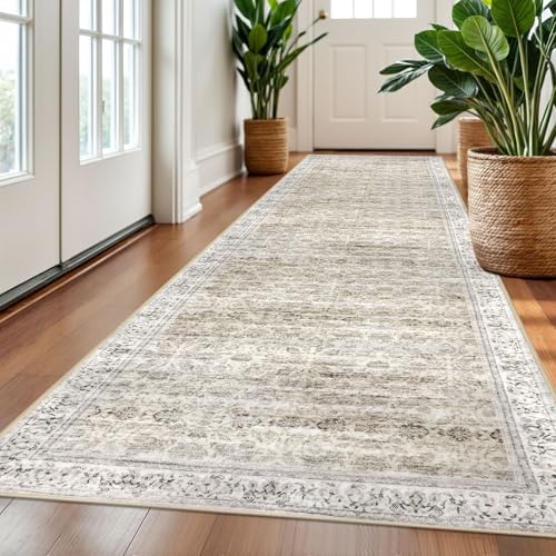 3x10 Beige Yellow White Washable Runner Rug for Kitchen, Soft Classic Runners with Non-Slip, Non-Shedding Distressed Floral Rug for Hallways Door mat Indoor Bedroom Indoor