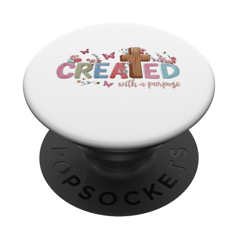 Created with Purpose! Cross, Jesus, Happy Christian Woman PopSockets Swappable PopGrip, Black