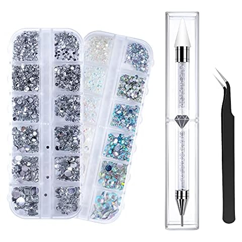 ANGNYA Nail Art Rhinestones Decorations Nail Stones for Nail Art Accessories and Clear Crystal Rhinestones with Pick Up Tweezer and Rhinestone Picker Dotting Pen Cover