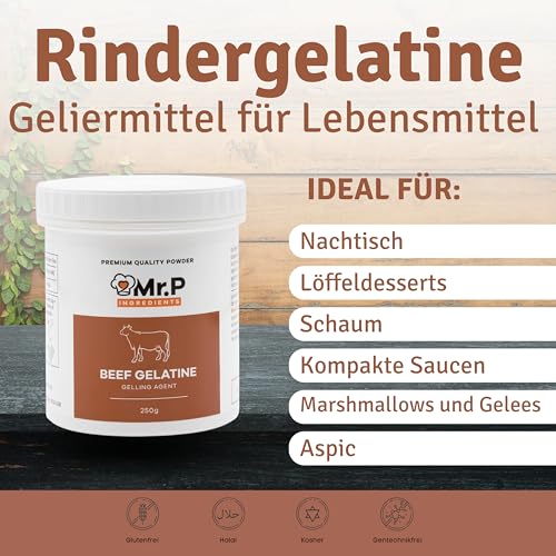 Mr.P Ingredients Rindergelatine Pulver 250g, Premium-Qualität, Bloom 250, Ideal für Desserts Marshmallow, Halal Gelatine Pulver, Zuckerfreie, Glutenfrei, Ohne Gentechnik