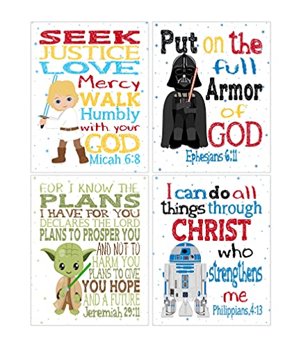 Star Wars Christian Nursery Decor Set Of 4 Unframed Prints - Luke Skywalker, Yoda, Darth Vader, R2D2 With Bible Verses #TOP1