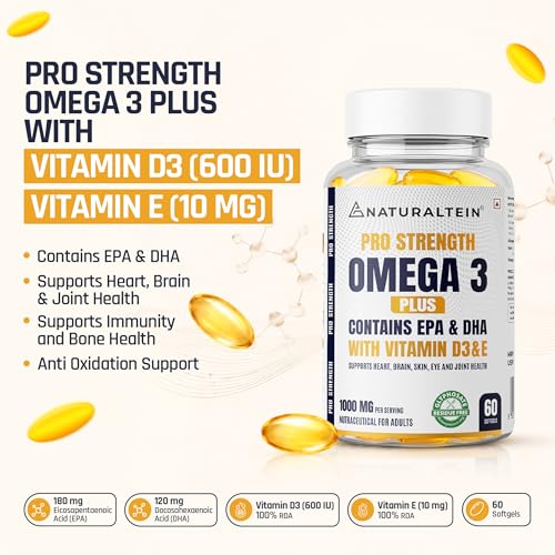 Image of NATURALTEIN Pro Strength Omega 3 Plus Fish Oil 1000mg with EPA 180mg & DHA 120mg | Enriched with Vitamin D3 & Vitamin E | Supports Heart, Brain, Skin, Eye & Joint Health | Heavy Metal Tested | 60 Softgels