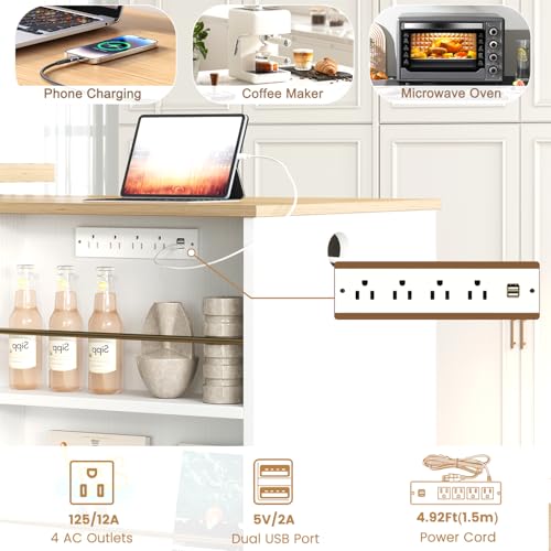 Image of HSH 71 inch Rolling Kitchen Island with Storage Seating on Wheels, White Oak | Mobile Island With 360 Swivel Table, With Power Outlet, Storage Cabinet, Open Adjustable Shelves Fit In Microwave