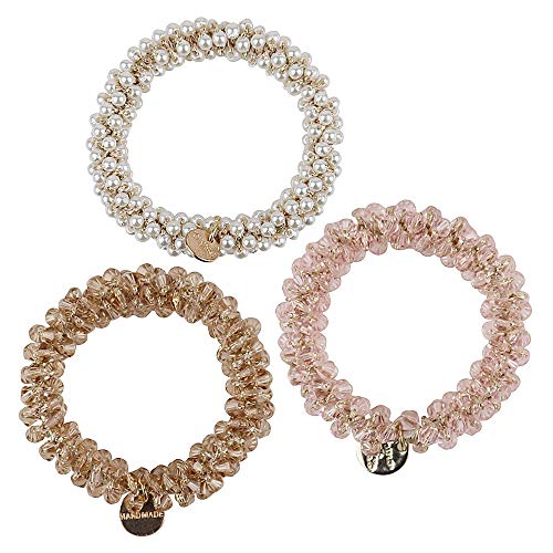 Pearl Rhinestone Elastic Hair Ties -3Pcs Women Crystal Beaded Hair Bands, Pearl Beads Hair Ring, Scrunchie Ponytail Holder, Hair Rope for Girls