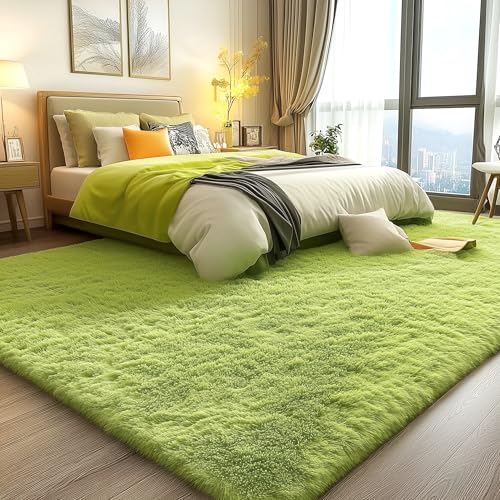 OLANLY 8x10 Machine Washable Large Area Rugs for Living Room, Bedroom, Soft Fluffy Shaggy Bedside Rug, Indoor Floor Carpet for Kids Girls and Boys, Dorms, Nursery, Home Decor Aesthetic, Grass Green