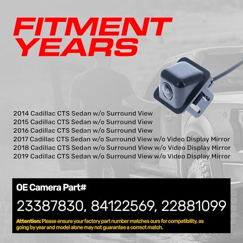 Image of Master Tailgaters Replacement for Cadillac CTS Sedan w /o Surround View (2014-2016), CTS Sedan w /o Surround View /Video Display Mirror (2017-2019) Backup Camera OE Part # 23387830, 84122569, 22881099