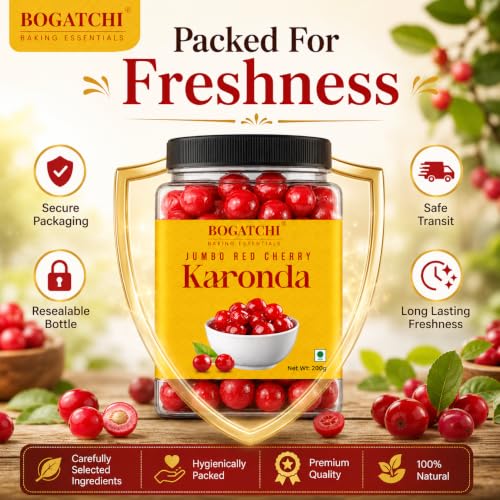 Image of BOGATCHI Jumbo Red Cherry Karonda for Cake Decoration, Ice Creams, Shakes & Desserts | Big Juicy Cherry Toppings for Baking, Garnishing & Sweets | Delicious, Tasty & Ready to Use | 200g