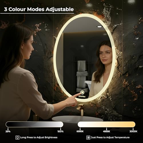 Image of Plantex LED Bathroom Mirror with 3 Tone /Designer Mirror for Living Room /Bedroom /Dressing Room - Oval Shape (18 X 24 Inch)