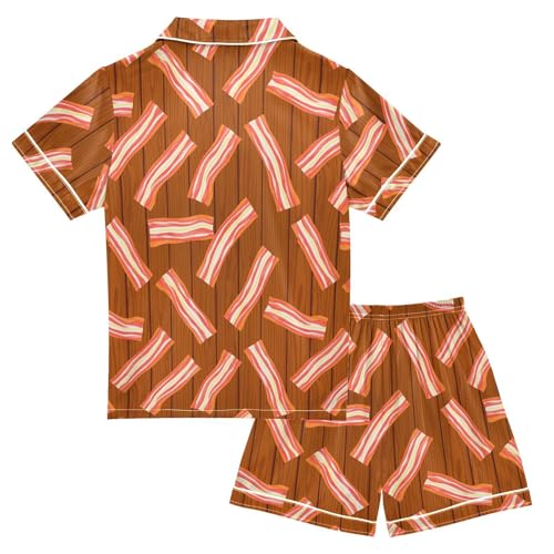 Satin Pajama Sets Short Sleeve Bacon Strips Wood Background Button Down Silky Nightwear 2 Piece PJS 5-14Y2