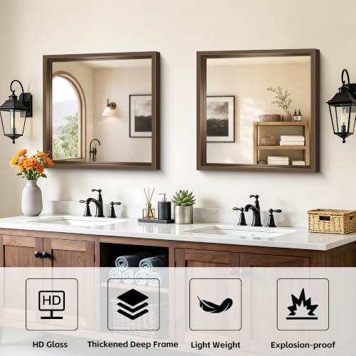 Image of Bathroom Mirror, 24 x 24 inch Walnut Wood Grain Colored Aluminum Metal Frame Bathroom Vanity Mirror, Square Wall Mirror for Bedroom Living Room, Tempered Glass, Anti-Rust