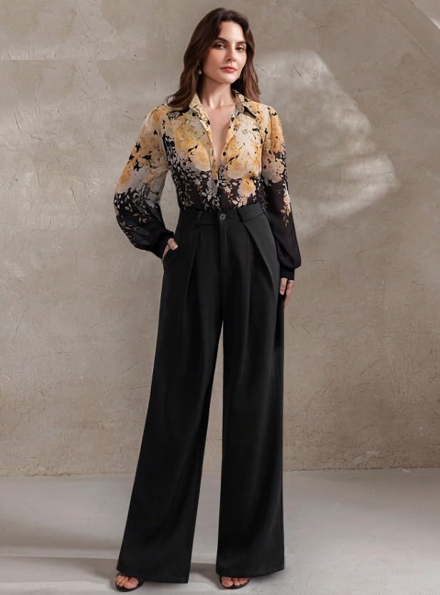 Image of Women Shirt || Women Top ||Autumn Leaves Print Polo Collar Shirt, Casual Long Sleeve (S-22-25)