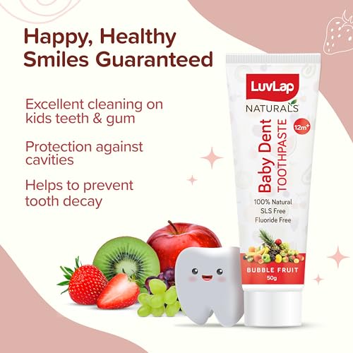 Image of LuvLap Naturals 100% Natural Baby Toothpaste 50g, Bubble Fruit Flavour, SLS & Fluoride Free Kids Toothpaste, Removes Plaque, Prevents Bacteria, Ensures White Teeth, Neutral pH, 12M+