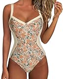 SUUKSESS Womens Tummy Control Slimming One Piece Swimsuits Sexy V Neck Crisscross Back Bathing Suits Push up Swimwear(Orange Ditsy Print,Medium)
