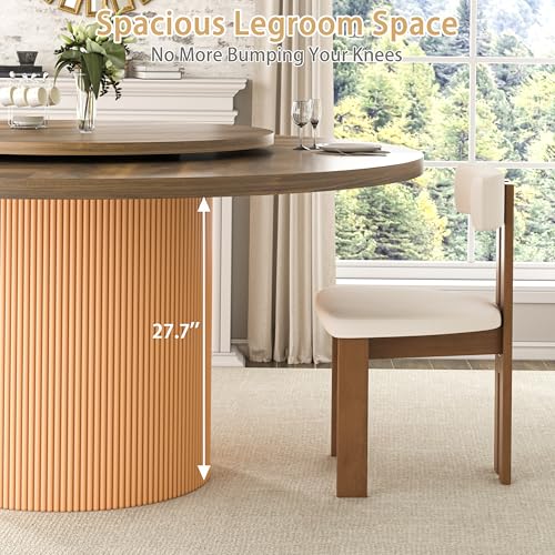 Image of 55 inch Round Dining Table for 4-6 People, Modern Farmhouse Dining Kitchen Table with Fluted Cylindrical Pedestal Base for Dining Room, Living Room, Kitchen, 360 Rotating(Chairs Not Included)