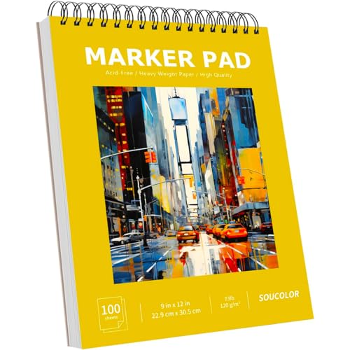 Soucolor 100 Sheets Marker Paper Pad, 9'x12' Bleedproof Art Sketch Pad, 73lb/120gsm Drawing Paper Spiral Sketch Book, Alcohol Marker Paper Painting Coloring Paper for Beginners, Artists, Kids
