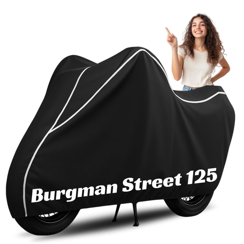 Image of Premium Bike Cover for Suzuki Burgman Street, Water Resistant, Dustproof, UV Protected, Scratchproof Motorcycle Cover for Outdoor Use, All Weather Protection (Black & White Piping)