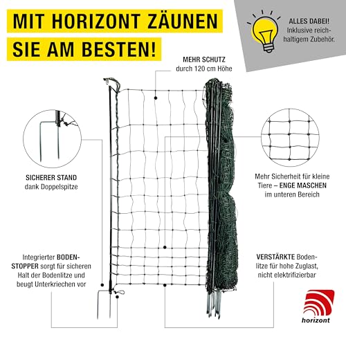 horizont strongLine Hühnerzaun 25m lang, 120cm hoch - 9 Fiberglaspfähle mit Doppelspitze - Geflügelzaun mit Strom, mobiler Zaun, Elektrozaun Hühner, Hühnerauslauf, Geflügelnetz