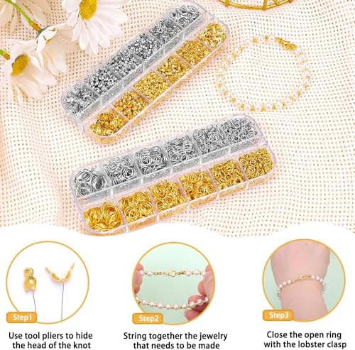 Image of Dhruv Crafts 1520PCS Crimp Beads for Jewelry Making,Open Jump Rings Jewelry Crimp Beads Covers Tubes Lobster Clasps Necklace Repair Kit with Pliers for Crafts DIY Jewelry Making(Silver & Gold)