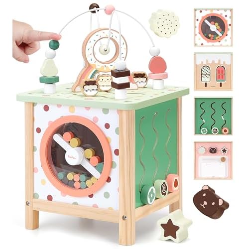 PairPear Wooden Activity Cube Montessori Toys Wooden Play Cube Activity Center Baby Busy Board Multifunctional Early Educational Development Toys Sensory Gifts for Toddlers Girls Boys 1 2 3 Year Old