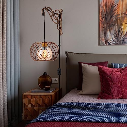Image of Boho Hanging Lamps Plug in Wall sconces Gold Glass Dimmable,Vintage Hanging Wall Lantern Light Lamp Plug in for Bedroom, Living Room,2PK