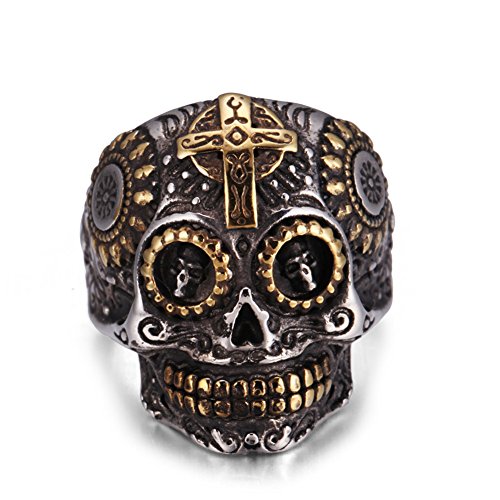 Aumret Halloween Skull Stainless Steel Simulated Silver Gothic Cross Titanium Steel Ring (12) #TOP1