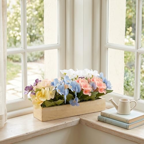Image of Dekorly Artificial Hydrangea Flower Arrangement with Wooden Planter (24 CM) | Premium Realistic Floral Decor for Table & Living Room | Stylish Indoor Decor for Living Room