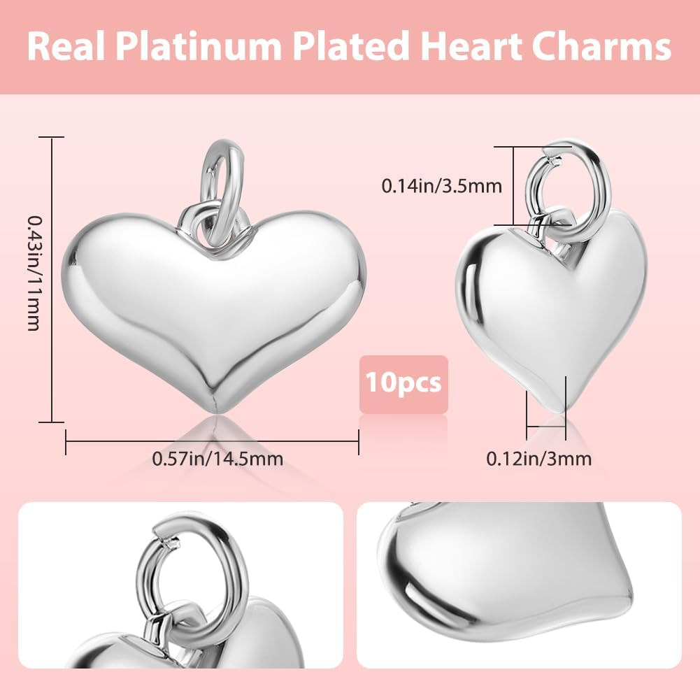 Beebeecraft 1 Box 10Pcs Puffy Heart Charm Platinum Plated Brass Tiny Love Pendant Charm with Jump Ring for Jewelry Making, 11x14.5x3mm - Image 2