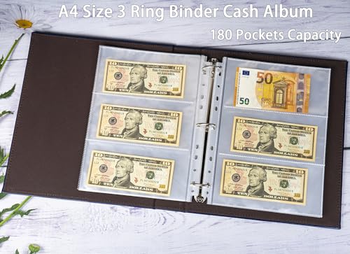 A4 3 Ringbinder Währungsalbum mit 30 Pack 180 Taschen Nachfüllseiten, PU Leder Geldsammelbuch, Sammeln von Euros, Papiergeld, Fremdwährung und Gutscheinen