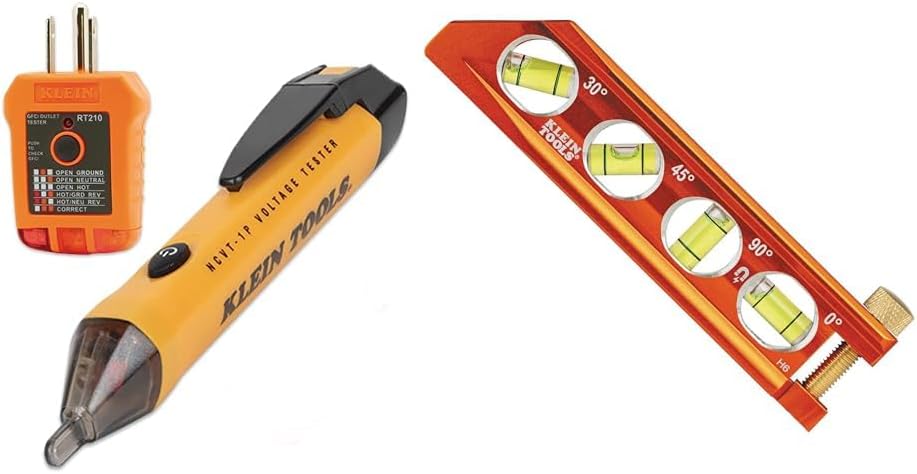 Klein Tools 80025 Outlet Tester Kit with GFCI Tester and Non-Contact Voltage Tester, 2-Piece & 935AB4V Level, 6-Inch Magnetic Torpedo and Conduit Level with 0/30/45/90 Degree Vials