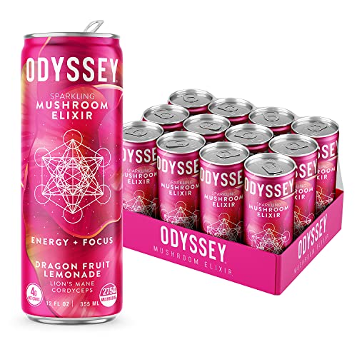 Odyssey Elixir Sparkling Adaptogen Drink, Low Calorie Drinks, L Theanine, Lions Mane, Cordyceps & Green Tea Caffeine for Energy & Focus, Non-GMO, Vegan, Dragon Fruit Lemonade Flavor, 12 Fl oz, 12 Pack