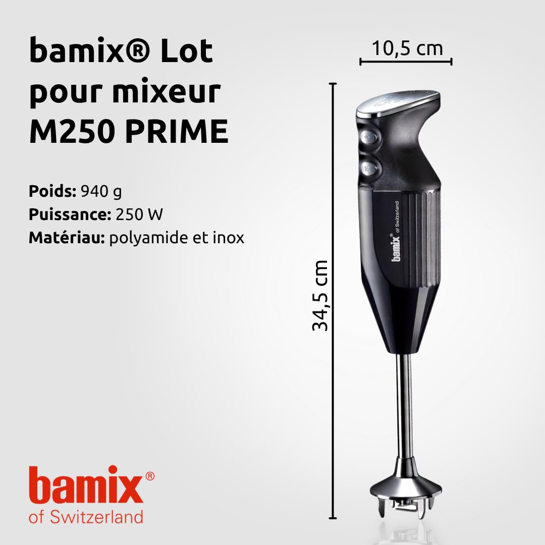 bamix Set avec mixeur plongeant M250 PRIME avec couteau étoile, disque fouet et disque mélangeur en inox, 250 W, 2 vitesses, Fabriqué en Suisse, Noir/Chromé