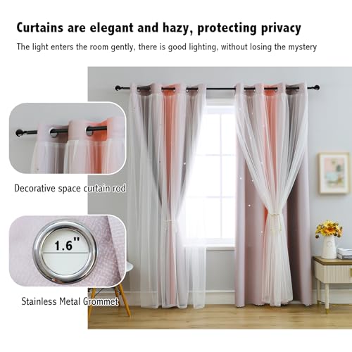 Image of Double Layer Dreamy Star Blackout Curtain 1 Panel W52 x L95,Pink Grey | Princess Style Window Drapes for Kids Room Elegant Decor for Daughter Bedroom Living Room Soft Fabric Design