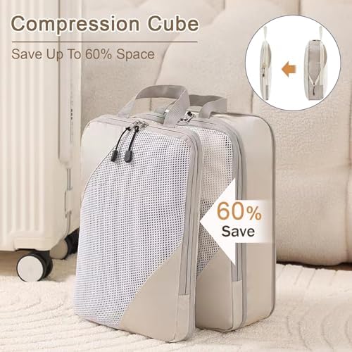 Compression Packing Cubes for Suitcases, 6 Pcs Travel Packing Cubes, Luggage Suitcase Organizer Bags Set, Travel Organiser Packing Bags, Travel Backpack Essentials Accessories, Beige