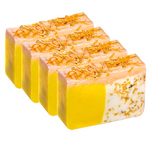 Orange Soap with Calendula Oil (SET of 4) - Handmade Soap Bar with Orange, Yuzu and Calendula Essential Oils, flower petals - Organic and All-Natural â€“ by Falls River Soap Company