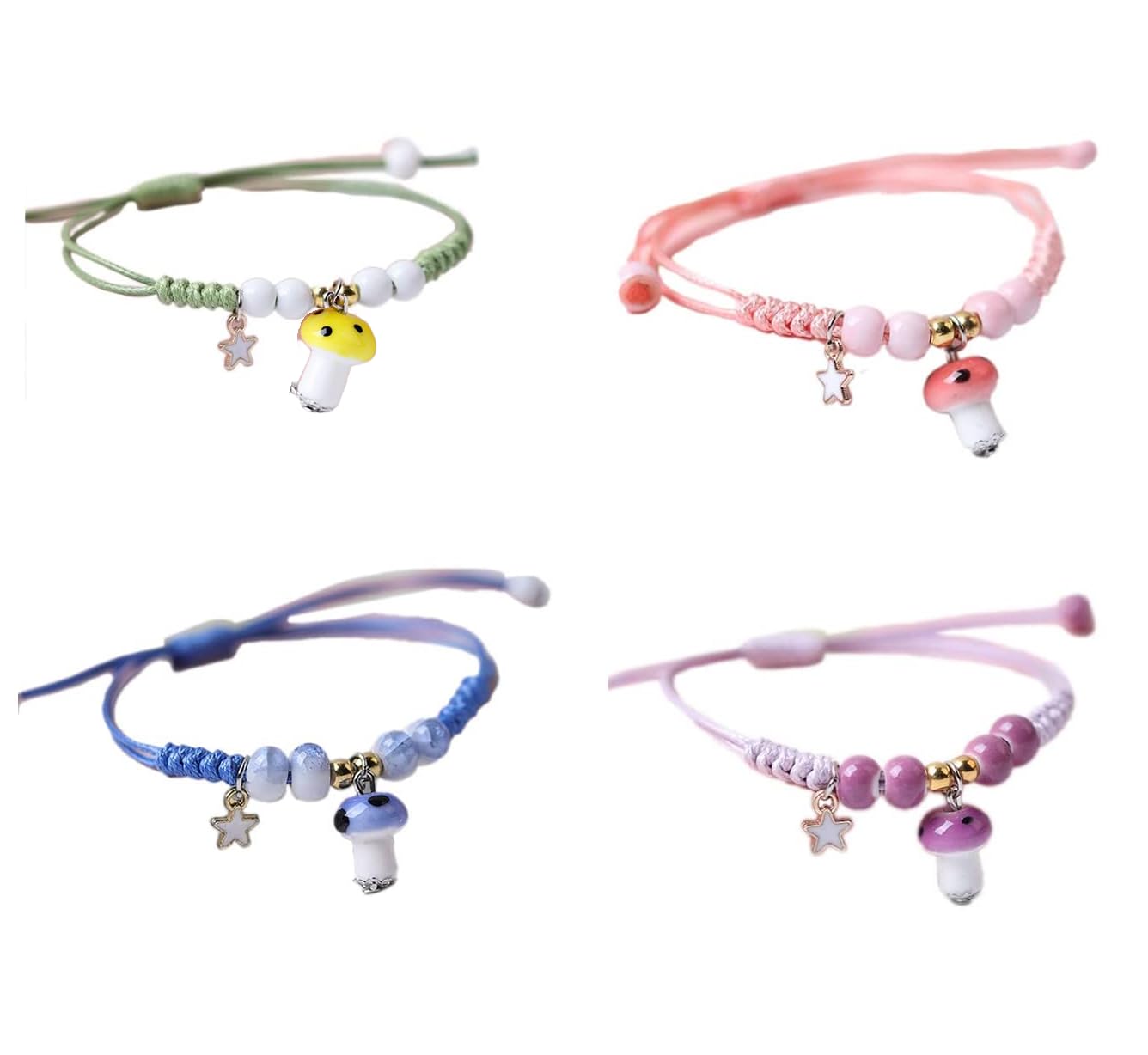 4 Pcs Unique Mushroom Bracelets Beaded Colorful Luck String Rope Chain Cord Thread Braided Bracelet Good Protection Friendship Wish Bracelet Jewelry