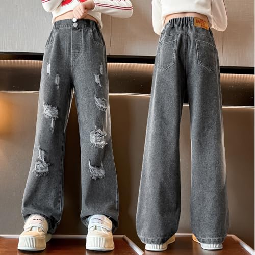 Girls Ripped Wide Leg Jeans Denim Elastic Baggy Kids Button Jeans Casual Pocket Pants Age 5-144