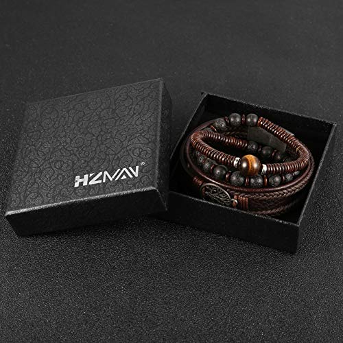 Hzman SZ19102901 Genuine Leather Tree Of Life Bracelets Men Women, Tiger Eye Natural Stone Lava Rock Beads Ethnic Tribal Elastic Bracelets Wristbands thumb #4