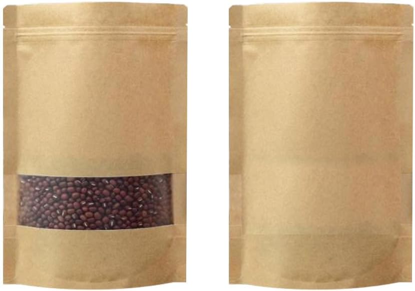 QQ Studio 100 pcs 4.7″ x 7.75″ Stand Up Kraft Pouches with Display Window, Coffee Bags, Brown Resealable and Reusable Zipper Bags, Stand Strong Bags for Food Storage Bags