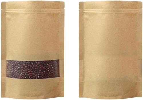 QQ Studio 100 bolsas de papel kraft de 4.7 x 7.75 pulgadas con ventana de exhibición, bolsas de café, bolsas con cierre resellables y reutilizables,