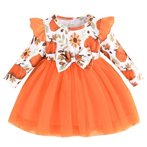 Kunyeah Baby Girls Halloween Tutu Dress Infant Long Sleeve Print Romper Newborn Bow Lace Skirts Outfit