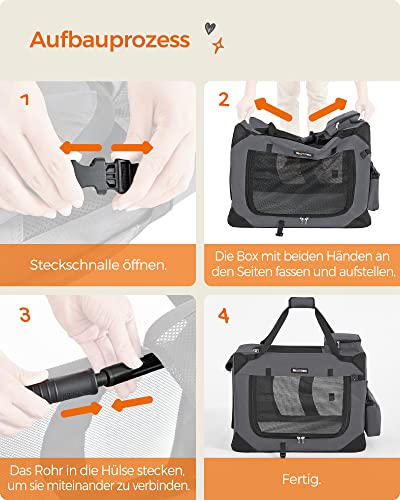 Feandrea Hundebox faltbar, Transportbox Hund, M, Hundetasche, Oxford-Gewebe, Netzstoff, atmungsaktiv tragbar transportabel, Metallrahmen, mit Griffen, Taschen, 60 x 42 x 42 cm, grau PDC60GY