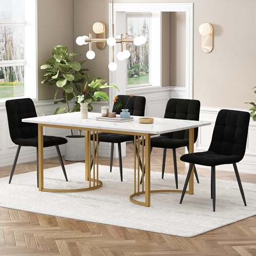 VIEKOS Juego de mesa de comedor (5 piezas, mesa de comedor con 4 sillas, moderno juego de mesa de cocina de 140 x 80 cm, patas de metal dorados, tablero de fibra de densidad media en color blanco