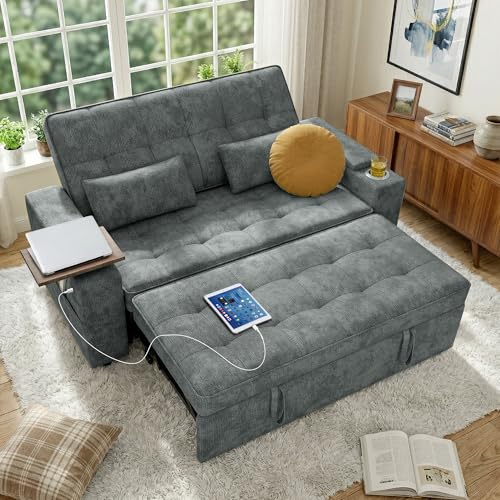 tiramisubest 65in Sleeper Sofa Bed, 3 in 1 Pull Out Couch with Chenille Fabric Convertible Loveseat for LivingRoom and Apartment (Darkgrey)