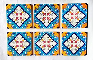 Shiv Kripa Blue Pottery Floral Ceramic Glazed Decorative Handcrafted Tile (4 * 4 inch/Pack of 6 Tiles)