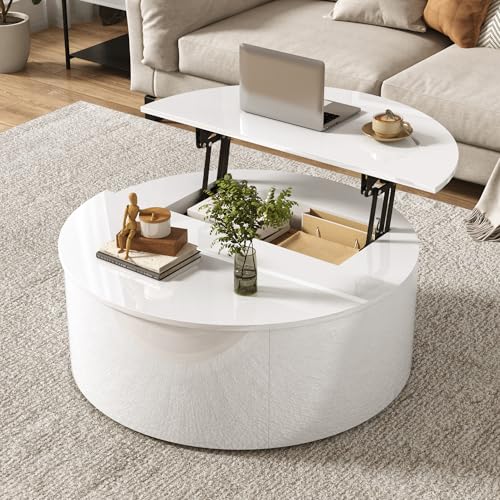 Round High Glossy Coffee Table with Storage,35" Large Lift Top