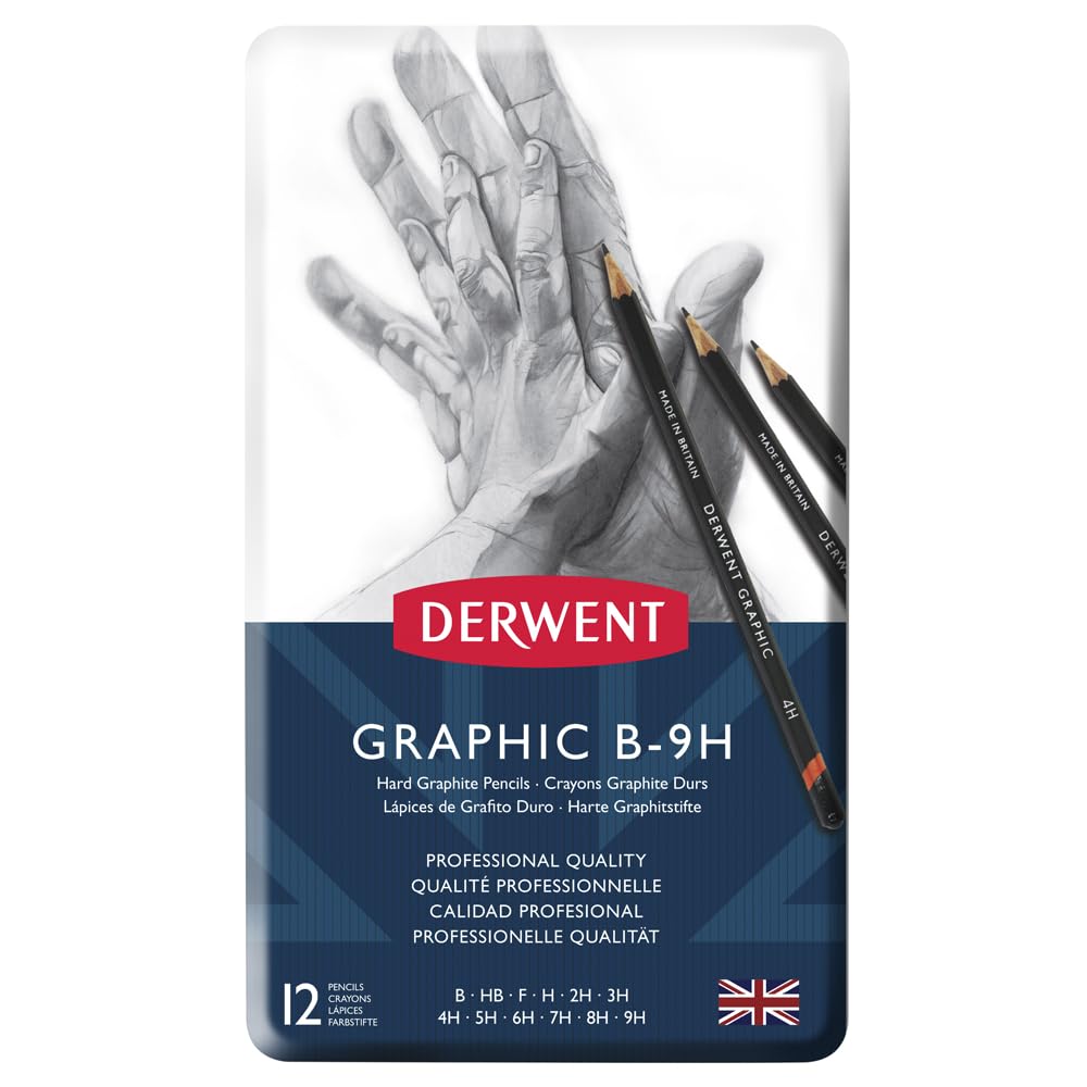 Derwent Graphic Hard Graphite Drawing Pencils, Drawing & Writing, Ideal For Sketching, Professional Quality - 34213 (Set of 12, B-9H)