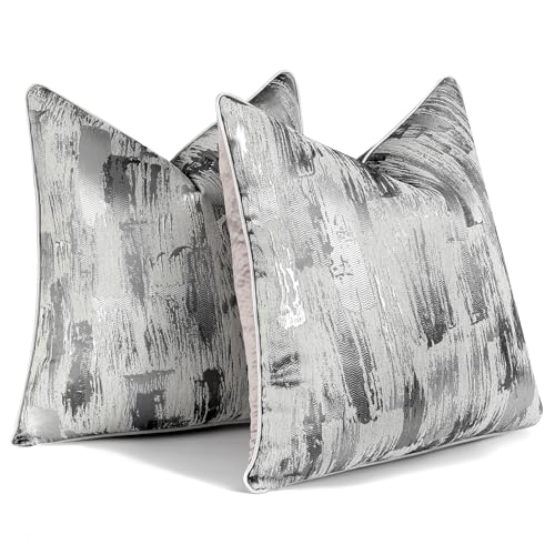 HOSTECCO Lot de 2 housses de coussin abstraites en jacquard - Pour canapé, lit - Gris argenté - 45 x 45 cm